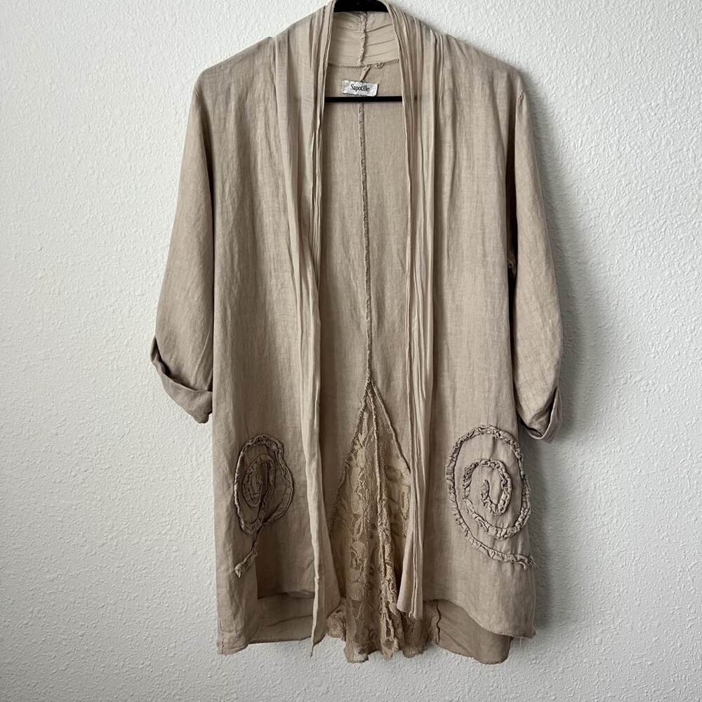 Sigrid Olsen Beige Open-Front Linen Blend Cardigan